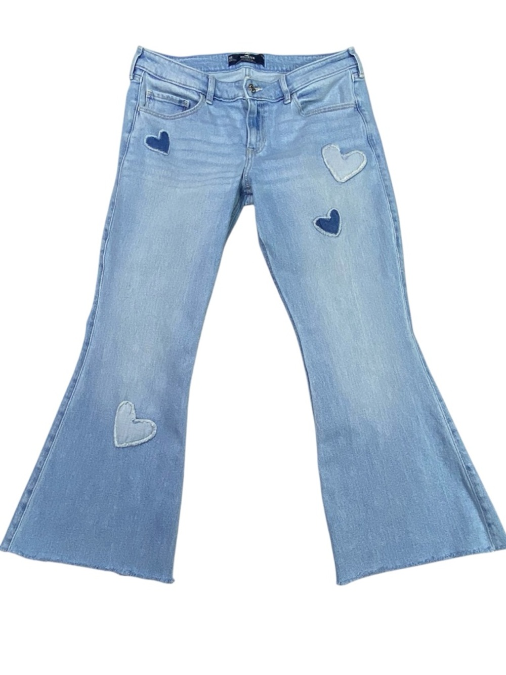 Hollister Heart Patch Flared Jeans Women's 12R Blue Low Rise Y2K Love Boho Denim
